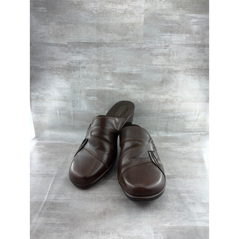 Clarks Bendables Brown Leather Clogs Wedge Mules 62896 Women Sz 9.5 M
